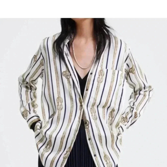ZARA long nautical striped silky flowy blouse shirt size small office siren chic - Picture 1 of 6